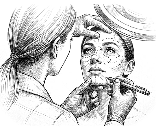 Facial marking for cosmetic procedure illustration.